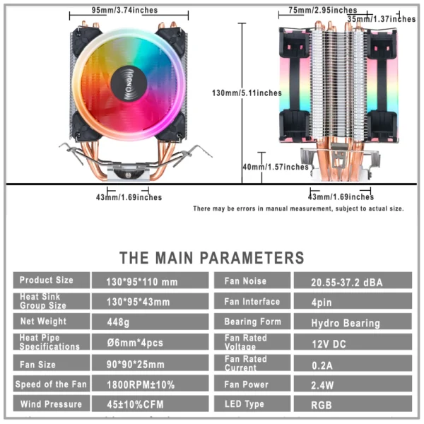 IWONGOU RGB CPU Cooler 4 Heatpipes 90mm Silent Fan - Image 6